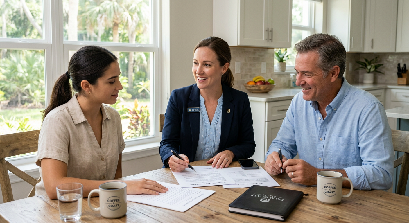 Photorealistic close-up at a bright Florida kitchen table, landlord, tenant, and real estate professional calmly reviewing...