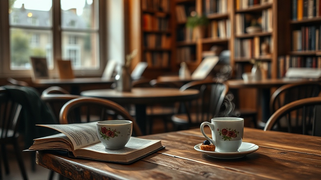 Table d'un café littéraire parisien cosy avec tasse de thé fumante, livre ouvert et tarte maison