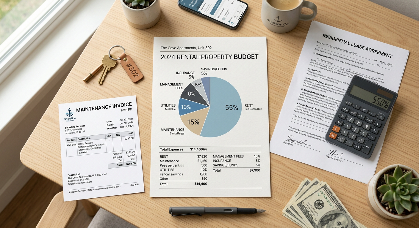 Modern editorial illustration of a rental-property budget on a desk, showing a house key, maintenance invoice, lease docum...