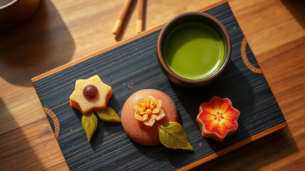 Wagashi japonais de saison et bol de matcha vert vif sur plateau laqué dans un cadre zen