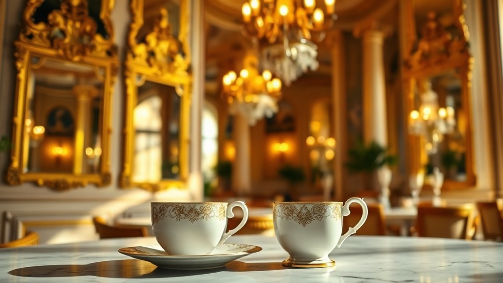 Intérieur Belle Époque d'un grand salon de thé parisien avec miroirs dorés et tasse en porcelaine