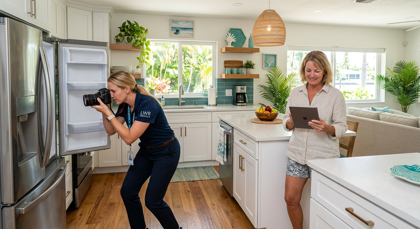 Photorealistic property inspection at a bright Lake Worth Beach rental home, a manager photographing a kitchen appliance w...