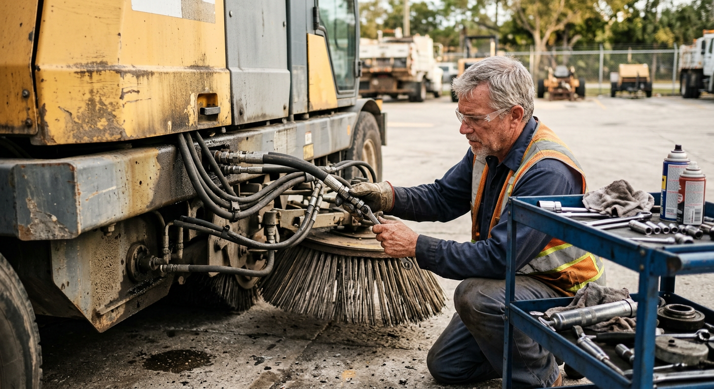 Photorealistic close-up in a Florida public works yard, an experienced technician wearing safety glasses checks hydraulic ...