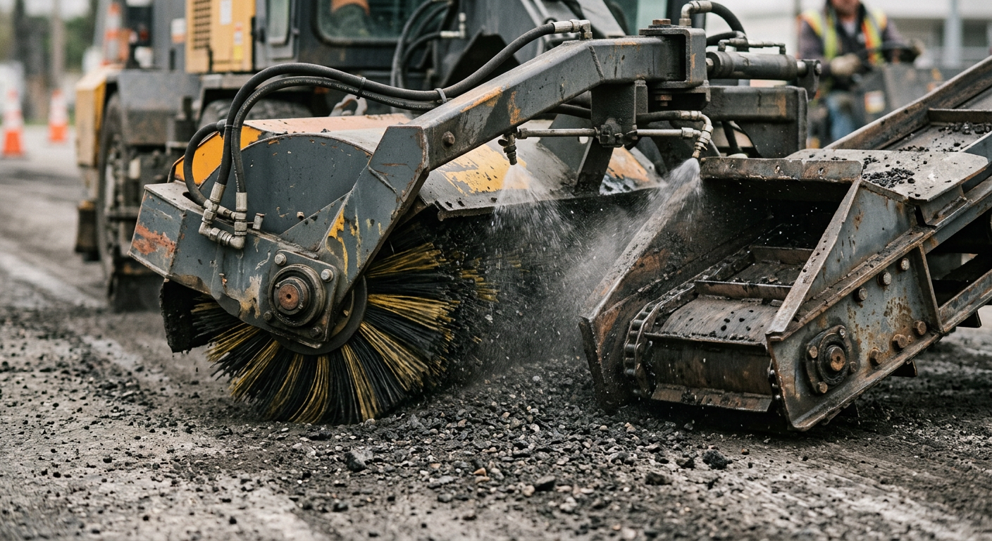 Detailed photorealistic close-up of an unbranded mechanical broom sweeping coarse asphalt millings and aggregate into an e...