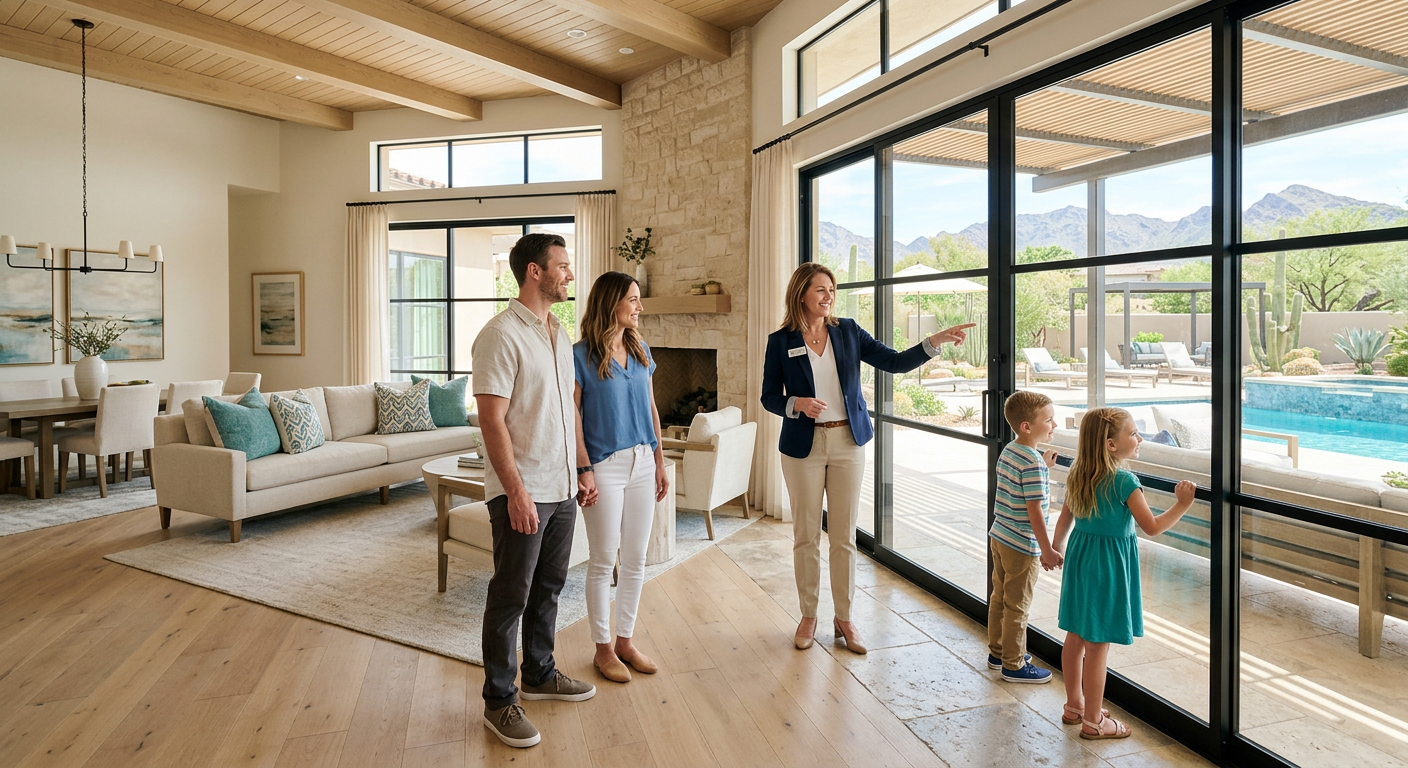 Photorealistic family touring a bright Scottsdale ranch home with a local real estate advisor, children looking through gl...