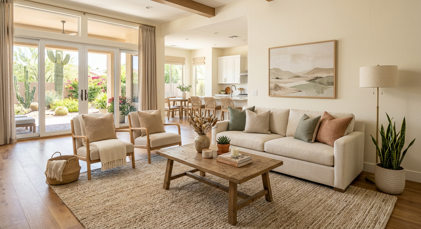 Photorealistic interior of a freshly staged central Scottsdale living room, bright natural light, neutral furnishings, tex...