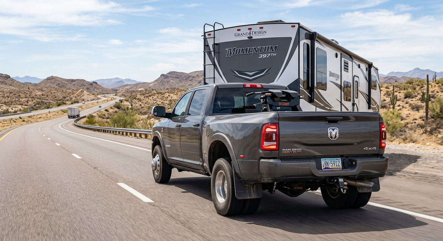 Photorealistic Ram 3500 dually towing a large fifth-wheel trailer on an open highway, low-angle rear three-quarter view, v...