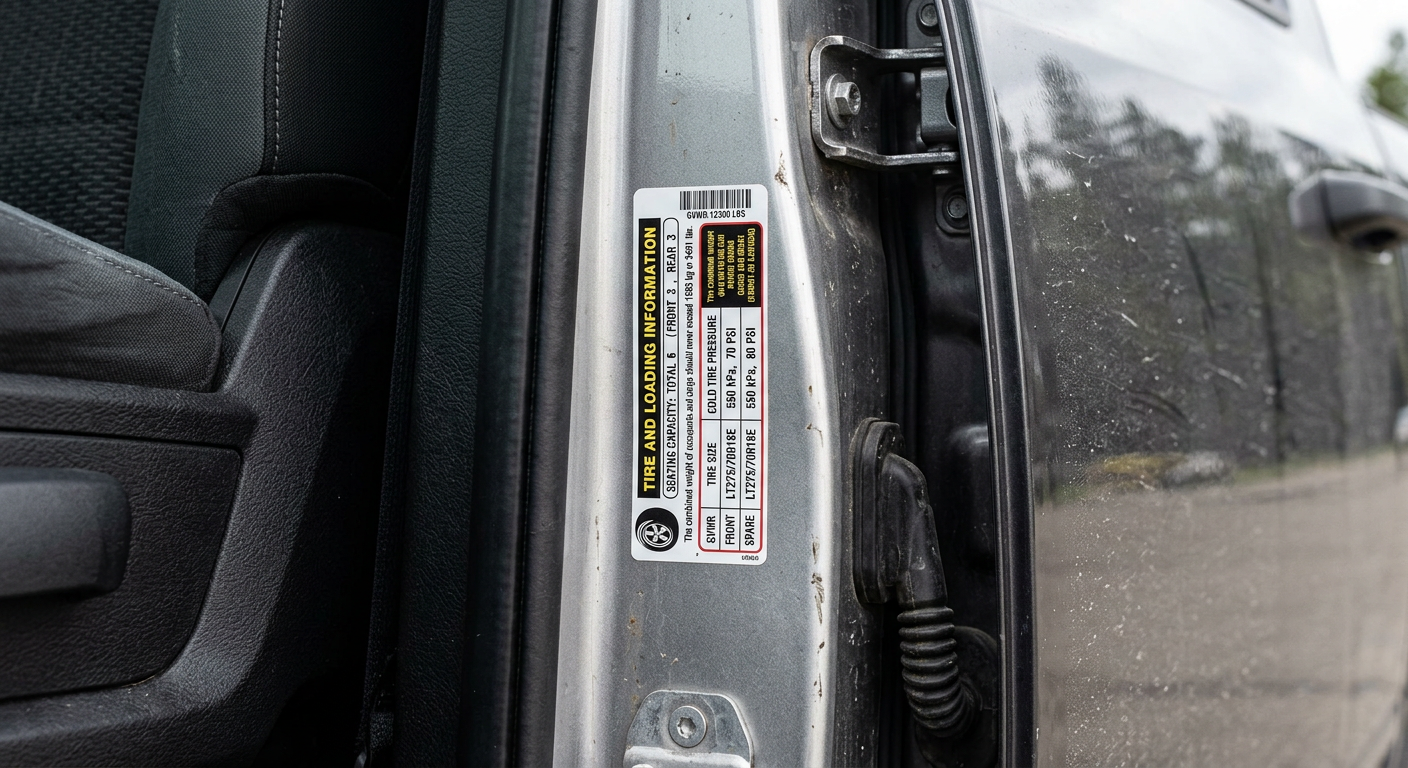 Close-up photorealistic view of a heavy-duty pickup driver-side door jamb showing a tire and loading label, with the open ...