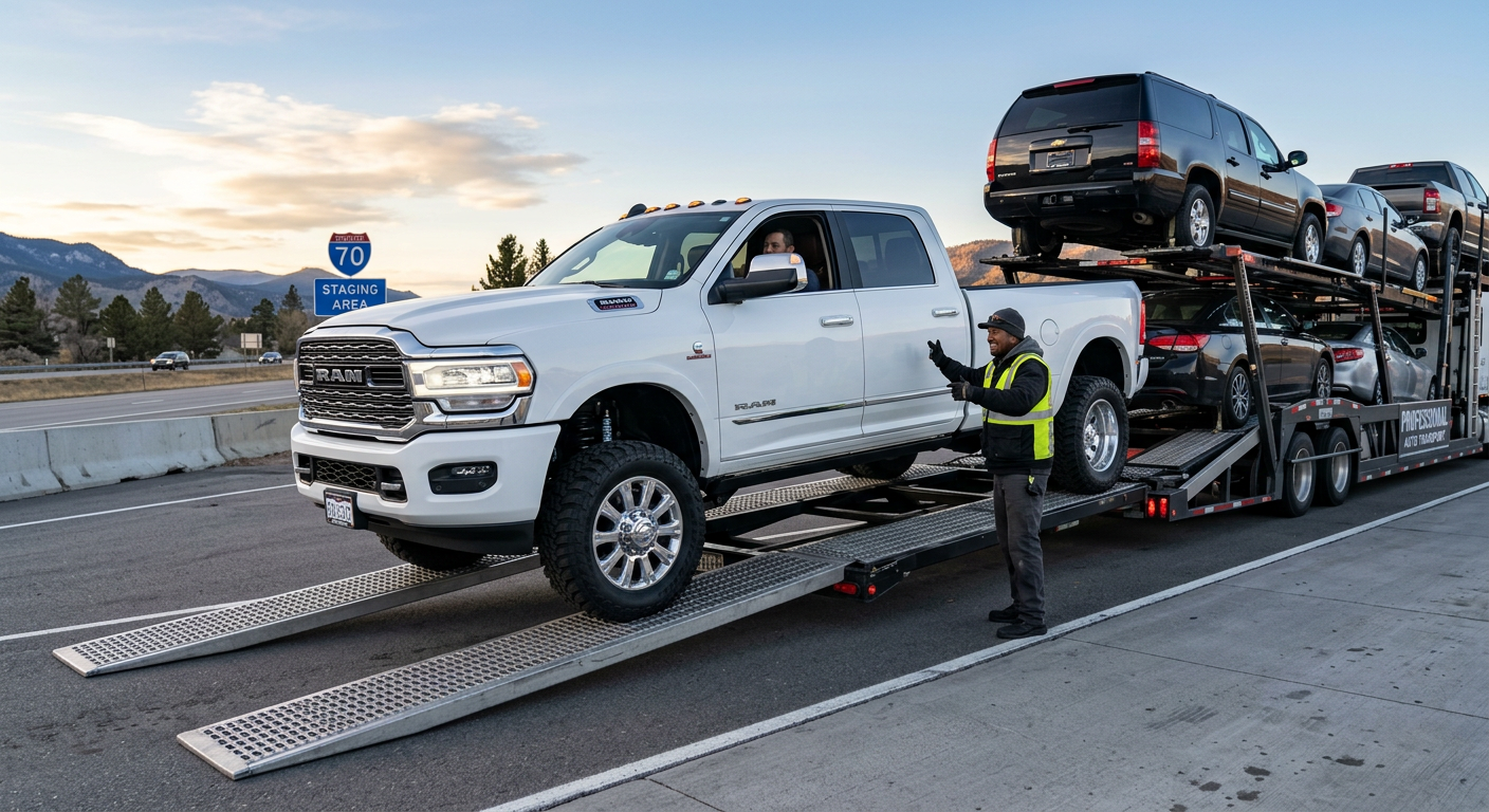 A white Ram 3500 dually with a custom suspension and polished wheels carefully loaded onto a multi-car transport trailer, ...