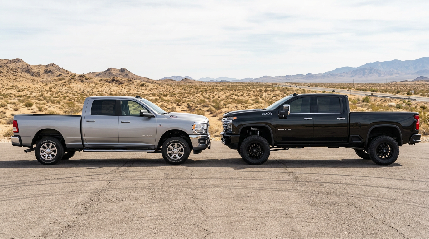 Pros and Cons of Lifted Trucks: Is a Lift Kit Worth Buying? Side-profile comparison of two heavy-duty pickup trucks outdoors, a stock-height Ram 2500 beside a moderately lifted Chevr...