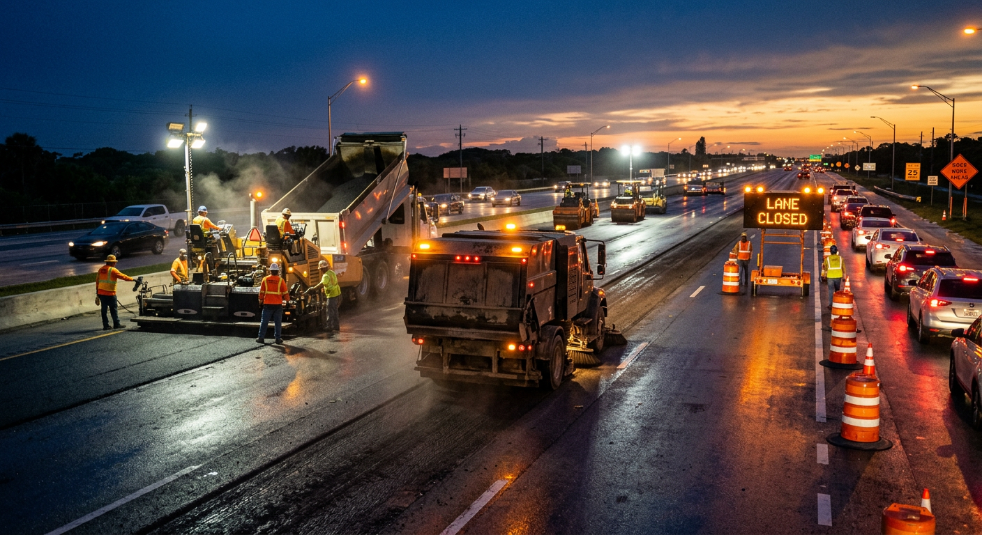 Wide photorealistic Florida roadwork scene at dusk, an unbranded mechanical broom sweeper clears asphalt milling debris be...