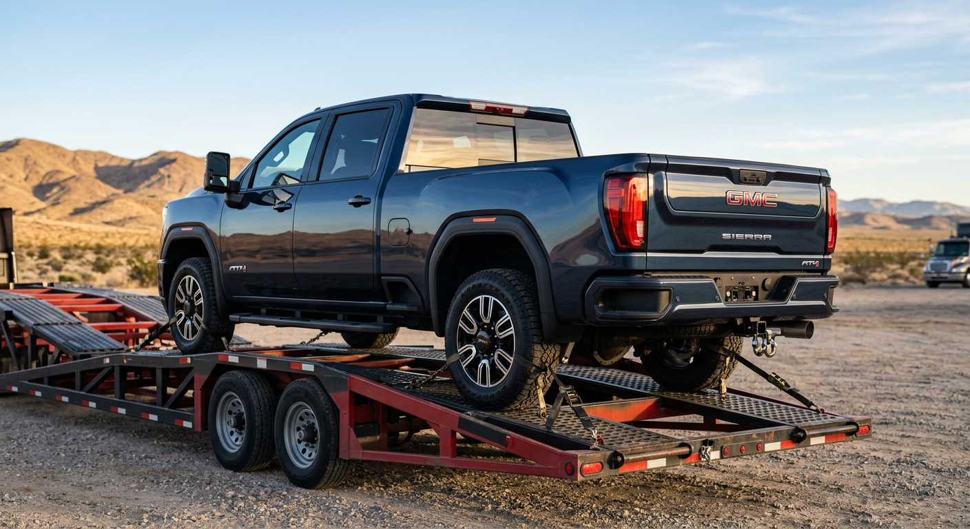 A dark blue GMC Sierra 2500HD diesel pickup shown from the rear three-quarter angle on an open vehicle carrier, photoreali...