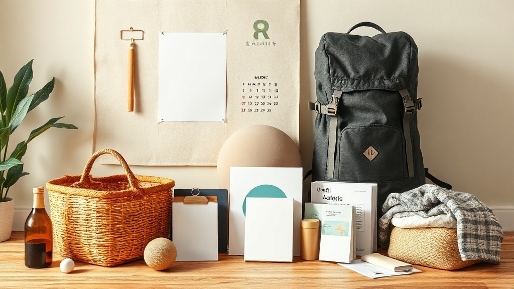 A packed backpacking backpack resting on a floor with travel essentials nearby