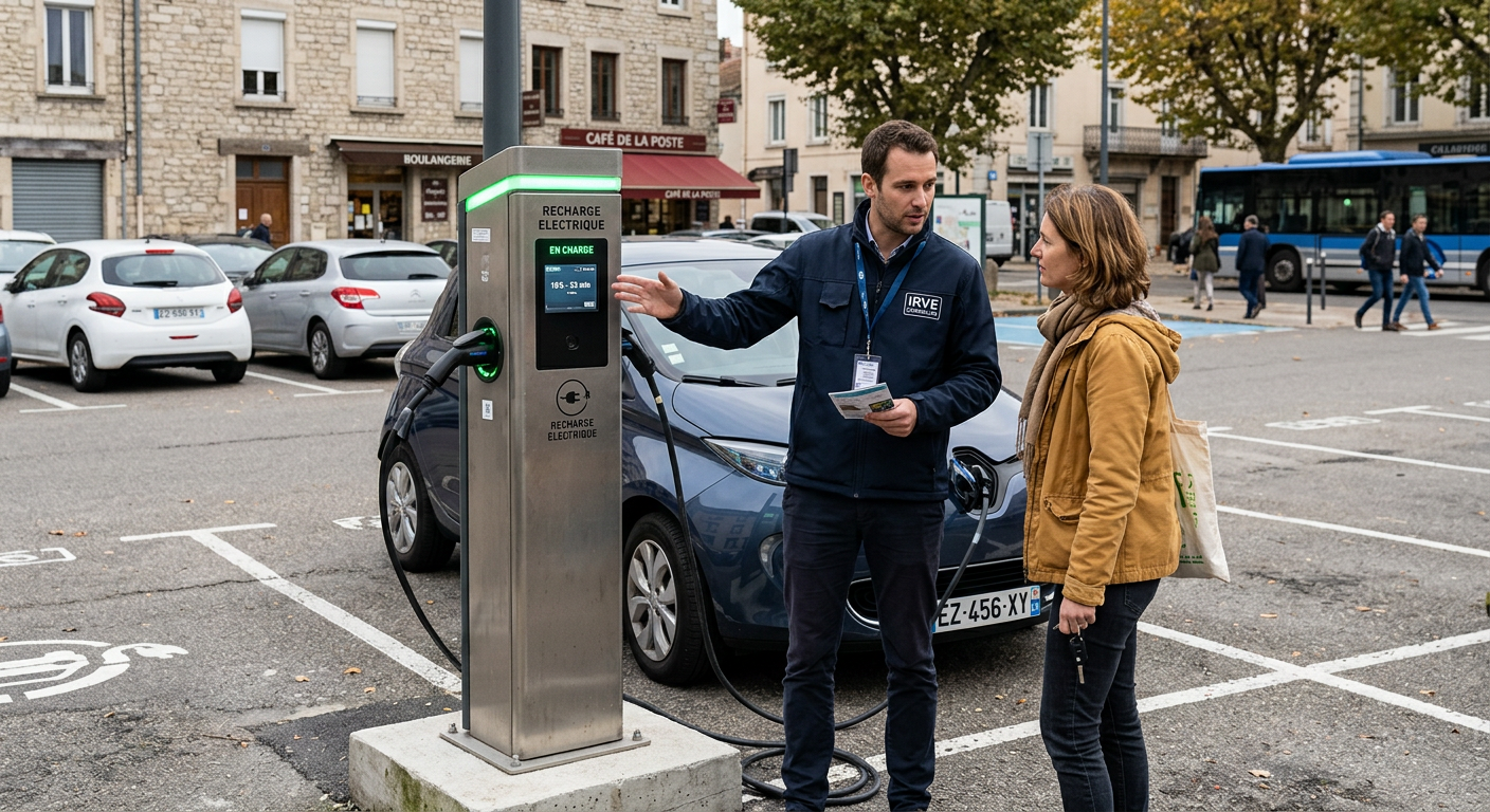 Borne de recharge électrique en utilisation dans un parking urbain avec un conseiller IRVE expliquant son fonctionnement