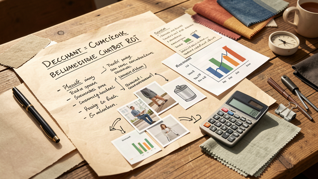Table de planification avec notes, calculs et échantillons produit pour mesurer le ROI d'un chatbot