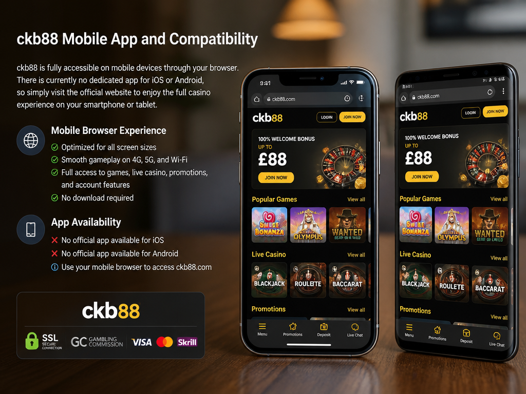 Photo-realistic image illustrating the topic of the article section "Mobile App and Compatibility for ckb88" (about the online casino brand "ckb88"): Describe mobile browser experience and dedicated app availability for iOS/Android. Cover the gap: 'No mobile app or compatibility info for ckb88'.