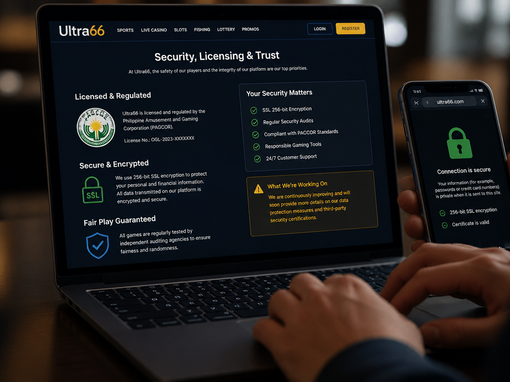 Photo-realistic image illustrating the topic of the article section "Security, Licensing, and Trustworthiness of Ultra66 Winbox" (about the online casino brand "ultra66"): Discuss licensing information (e.g., PAGCOR or other regulatory bodies); highlight encryption and data protection measures; address the gap of missing security details.