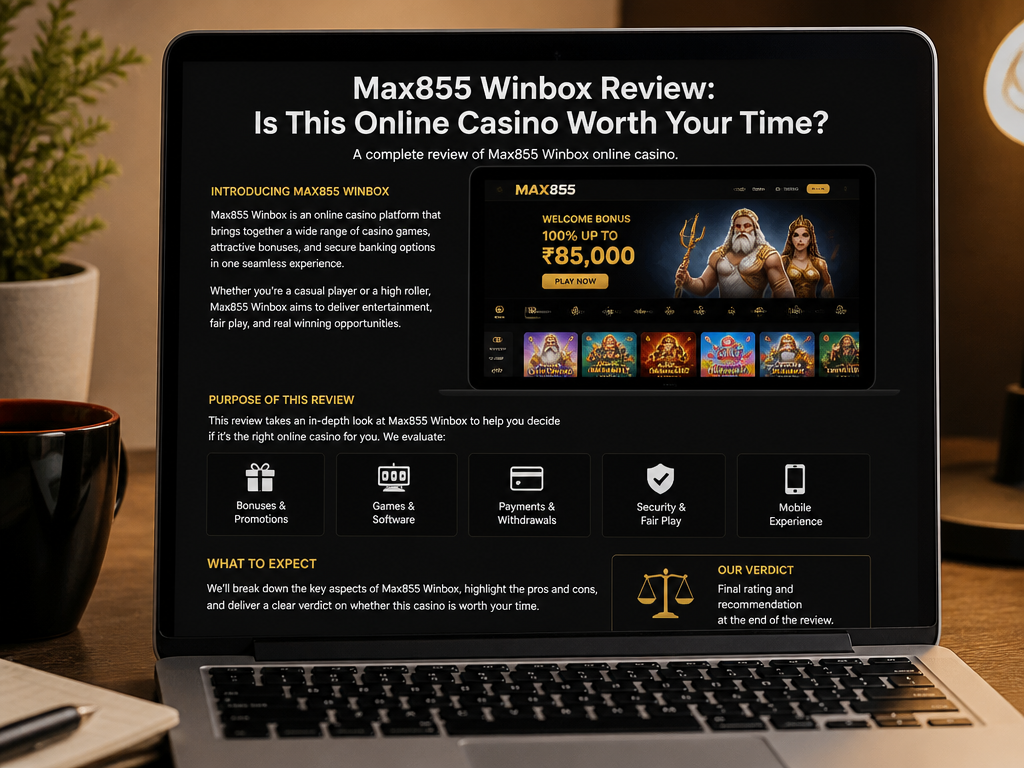 Photo-realistic image illustrating the topic of the article section "Max855 Winbox Review: Is This Online Casino Worth Your Time?" (about the online casino brand "max855"): Introduce Max855 Winbox as an online casino platform. State the purpose of the review: to evaluate features, bonuses, games, payments, security, and mobile experience. Set expectations for the verdict.