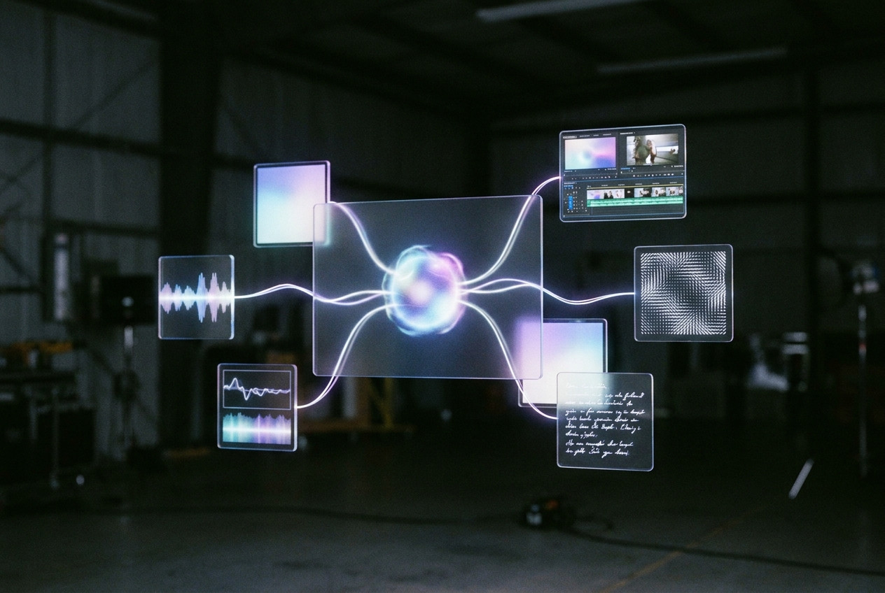 alt text for a futuristic AI music workspace