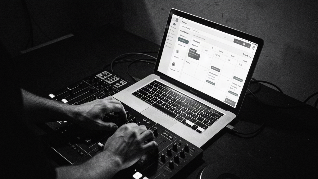 DJ working at laptop and mixer in a dimly lit studio, booking dashboard on screen