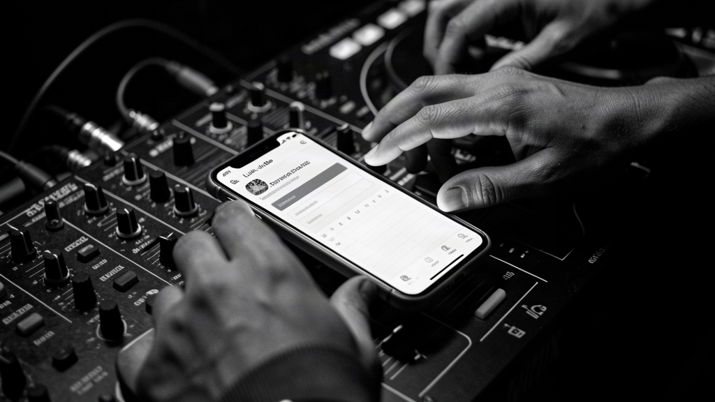 Smartphone on a DJ mixer showing a clean link-in-bio booking page with enquiry form