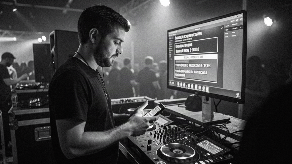 DJ reading booking enquiries on their phone backstage at a club