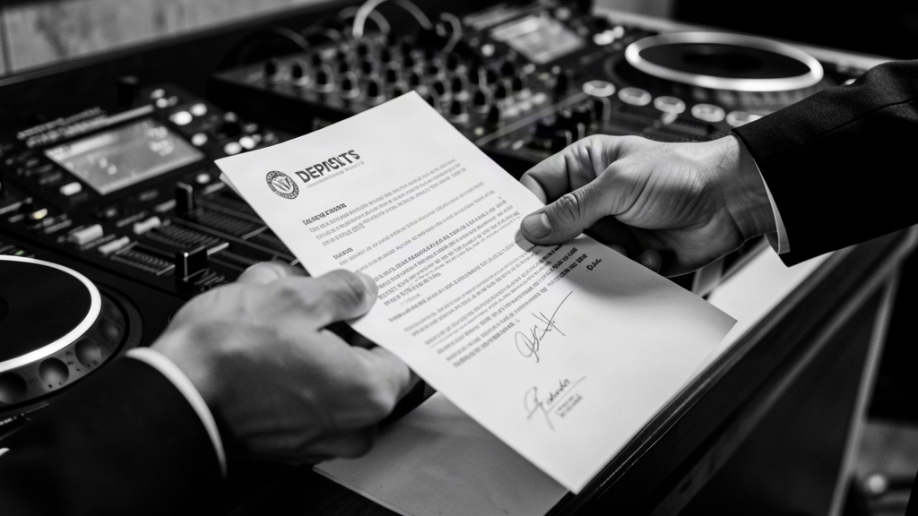 Close-up of hands exchanging cash and a signed contract on a DJ booth
