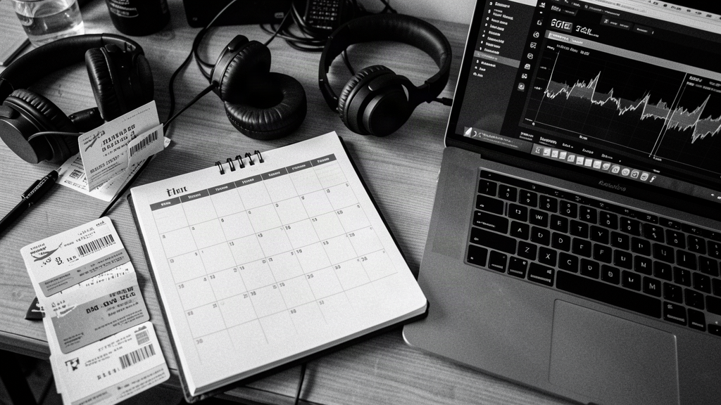 DJ's calendar and diary spread on a desk with flight tickets and laptop showing schedule dashboard