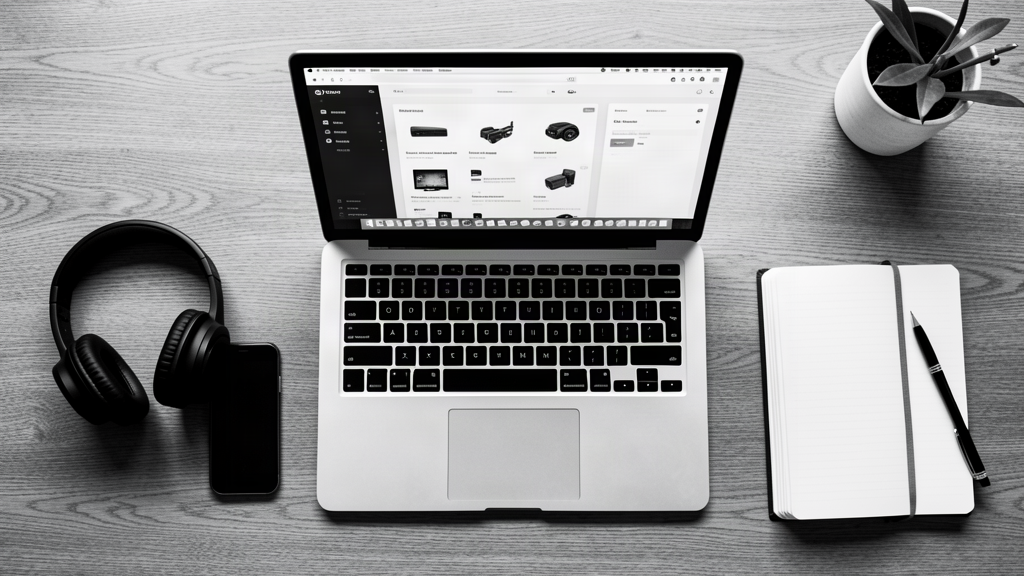 Overhead shot of laptop, smartphone, headphones, and notebook on a wooden desk with clean dashboard