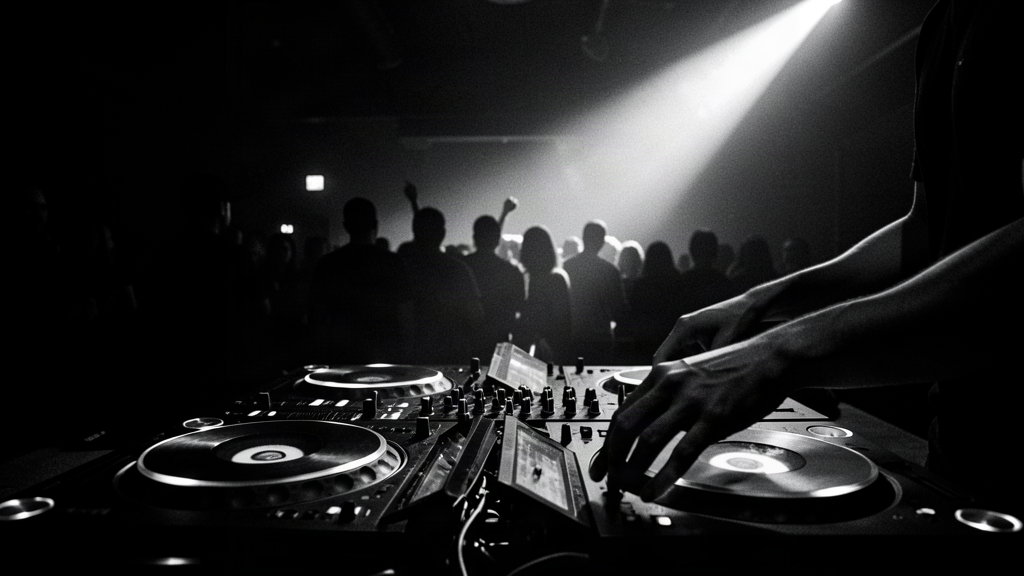 DJ's hands on vinyl turntables in a dark club with crowd silhouettes and dramatic spotlight