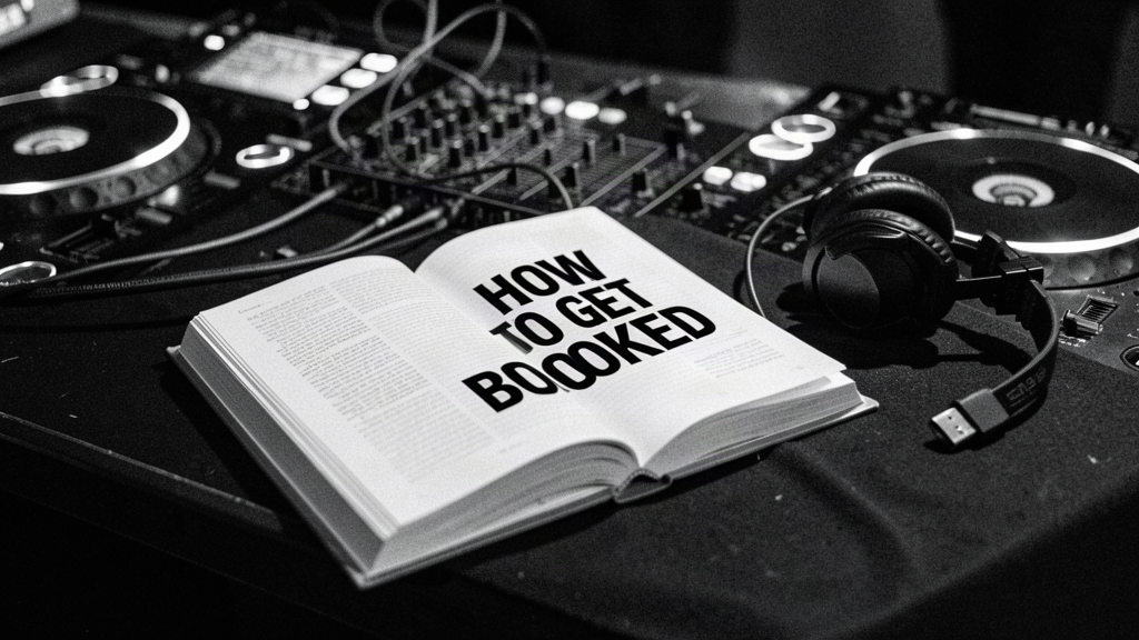 Open book on a DJ booth with 'HOW TO GET BOOKED' visible on the cover, headphones nearby