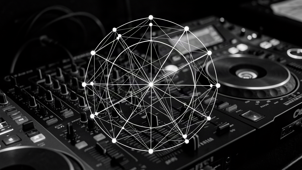 Abstract interconnected nodes and lines forming a network pattern overlaid on DJ equipment