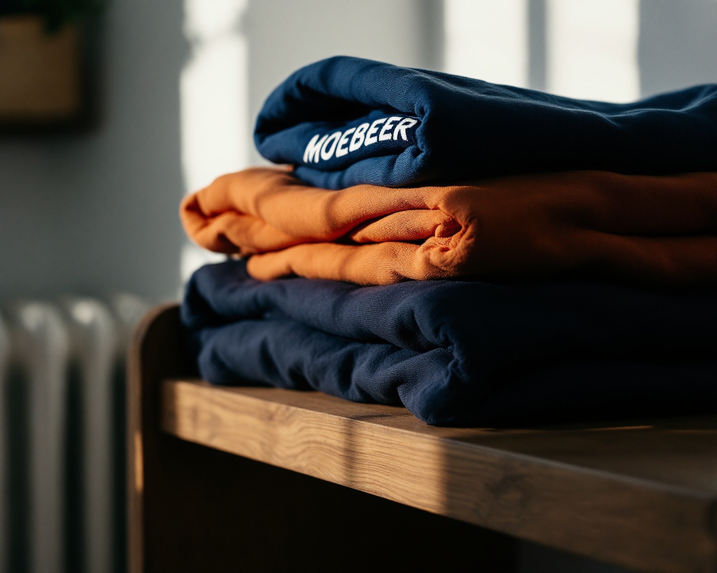 Close-up of folded hoodies stacked on a wooden shelf in soft diffused light, muted tones, fabric texture visible, cosy autumn atmosphere, no text no logos no people
