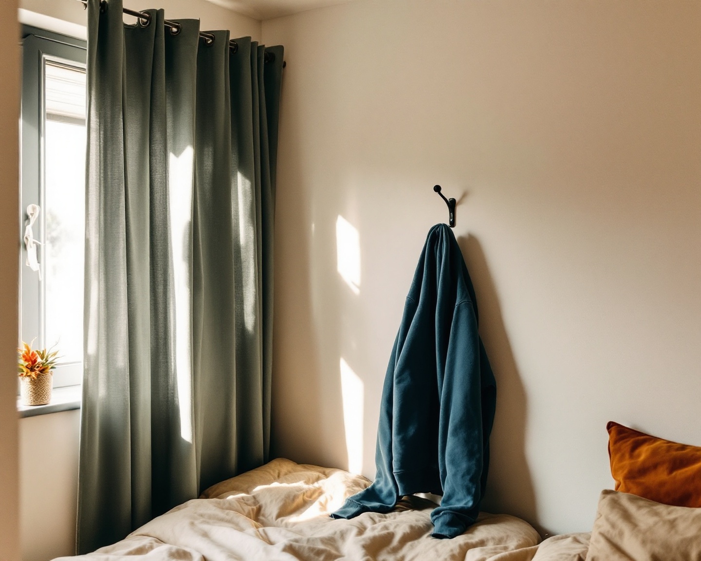 Wide shot of a minimalist dorm room with autumn light, a hoodie hanging on a simple wall hook, warm muted palette, lived-in atmosphere, no people no text no products
