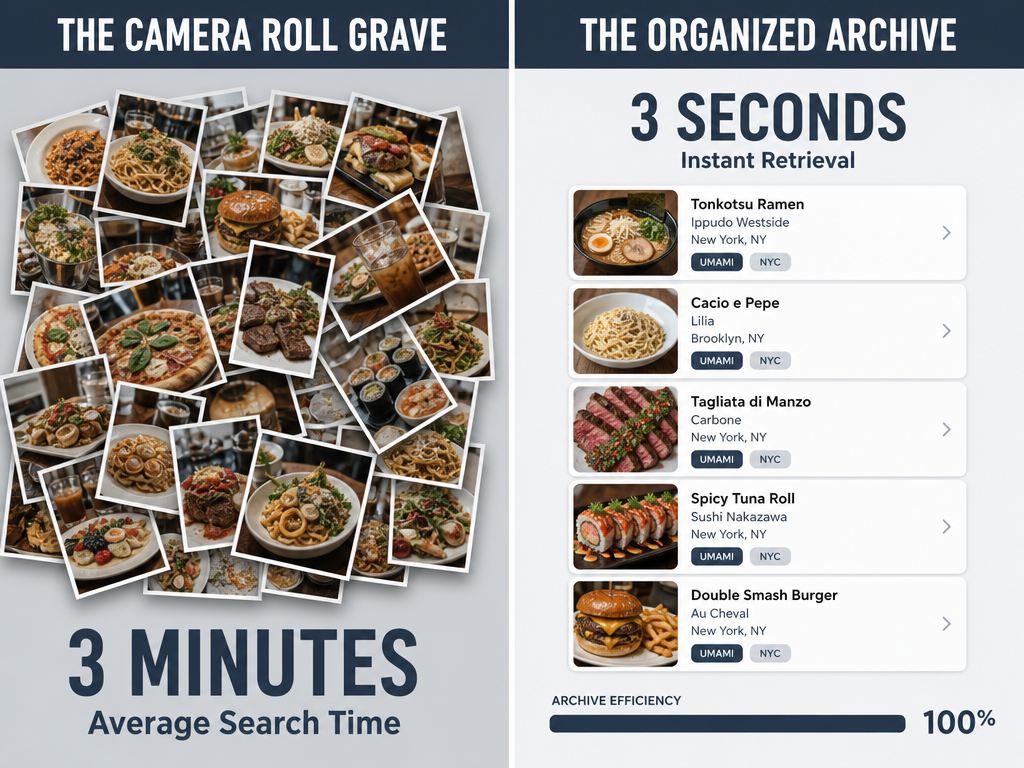 Comparison chart showing search times for food photos: 3 minutes in a standard camera roll versus 3 seconds in an organized food tracking app.