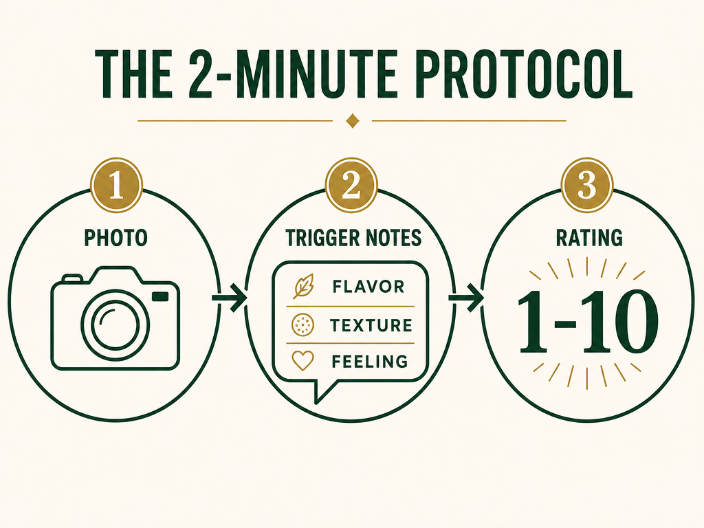 A three-step infographic showing the 2-minute capture protocol: Photo, Trigger Notes (Flavor, Texture, Feeling), and a 1-10 Rating scale.