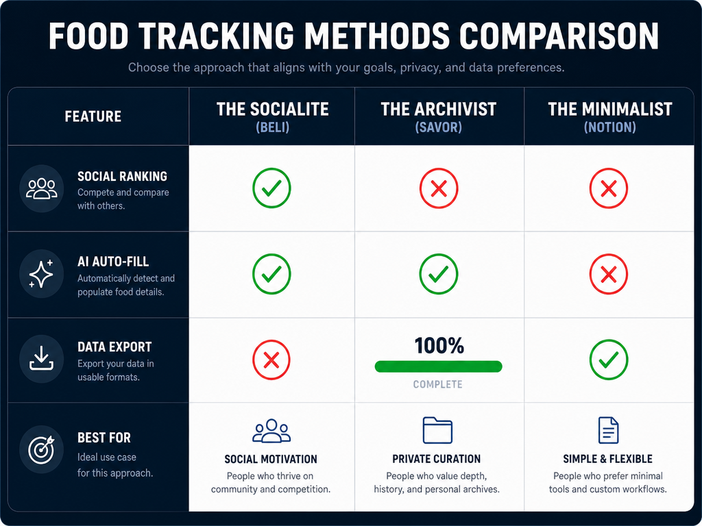 A comparison matrix for food tracking apps Beli, Savor, and Notion, evaluating social features, AI automation, and data export capabilities.