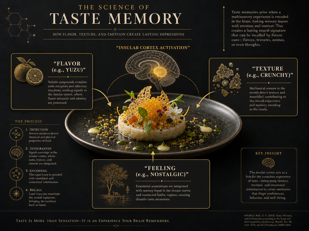 Infographic showing sensory encoding tags for flavor, texture, and feeling to activate the brain's insular cortex for better food recall.