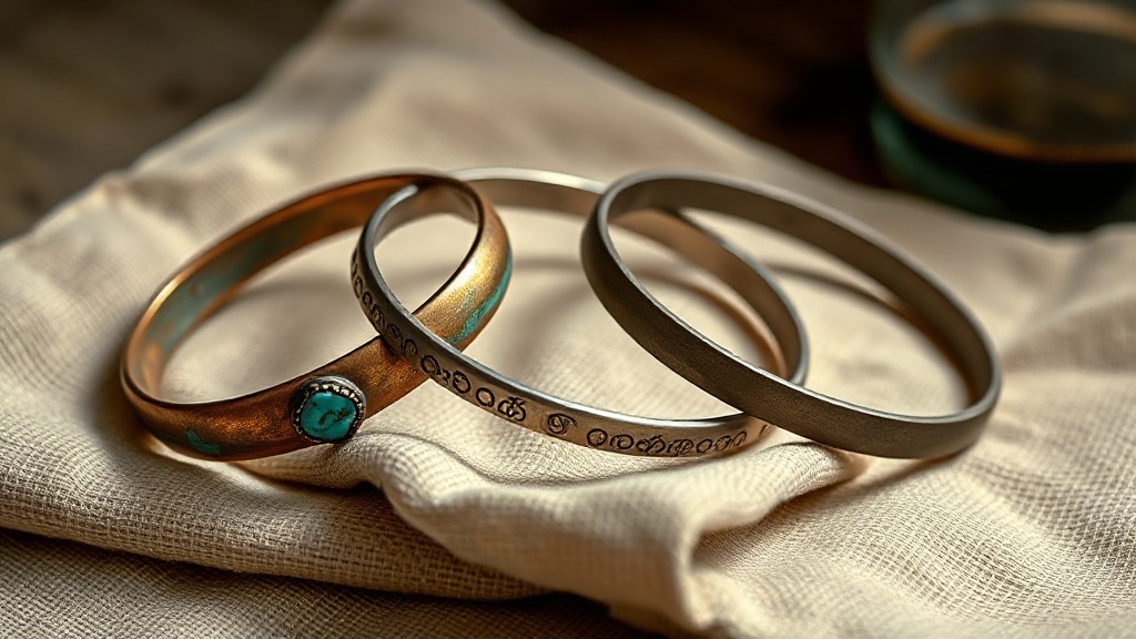 Trois joncs bouddhistes en bronze, argent et cuivre turquoise posés sur du lin naturel