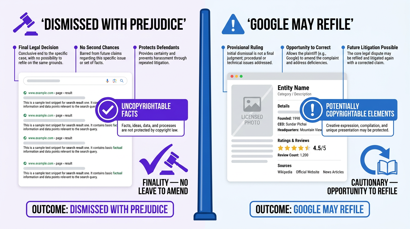 Comparison infographic showing dismissed vs surviving claims in google serpapi dmca ruling