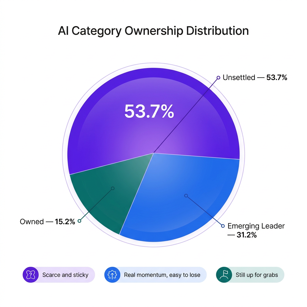 Pie chart showing ChatGPT topic ownership: 53.7% unsettled, 31.2% emerging leader, 15.2% owned