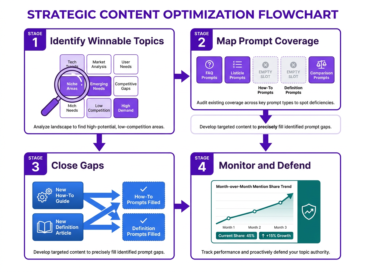 Four-stage flowchart for competing in ChatGPT topic ownership