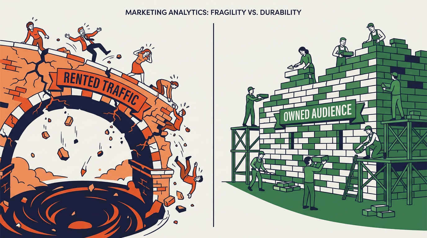 Illustration contrasting rented traffic fragility with owned audience durability for publishers