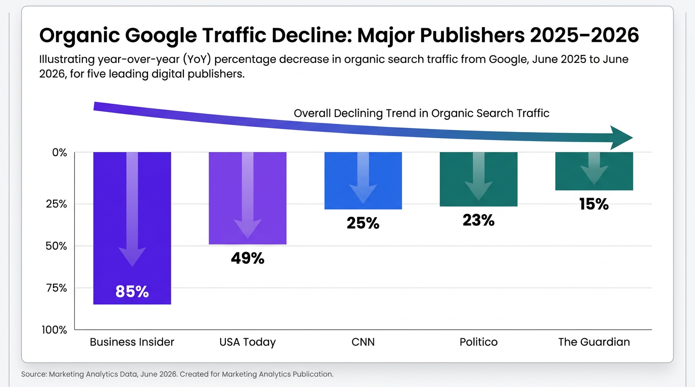 Bar chart showing organic Google traffic declines for major publishers 2025 to 2026