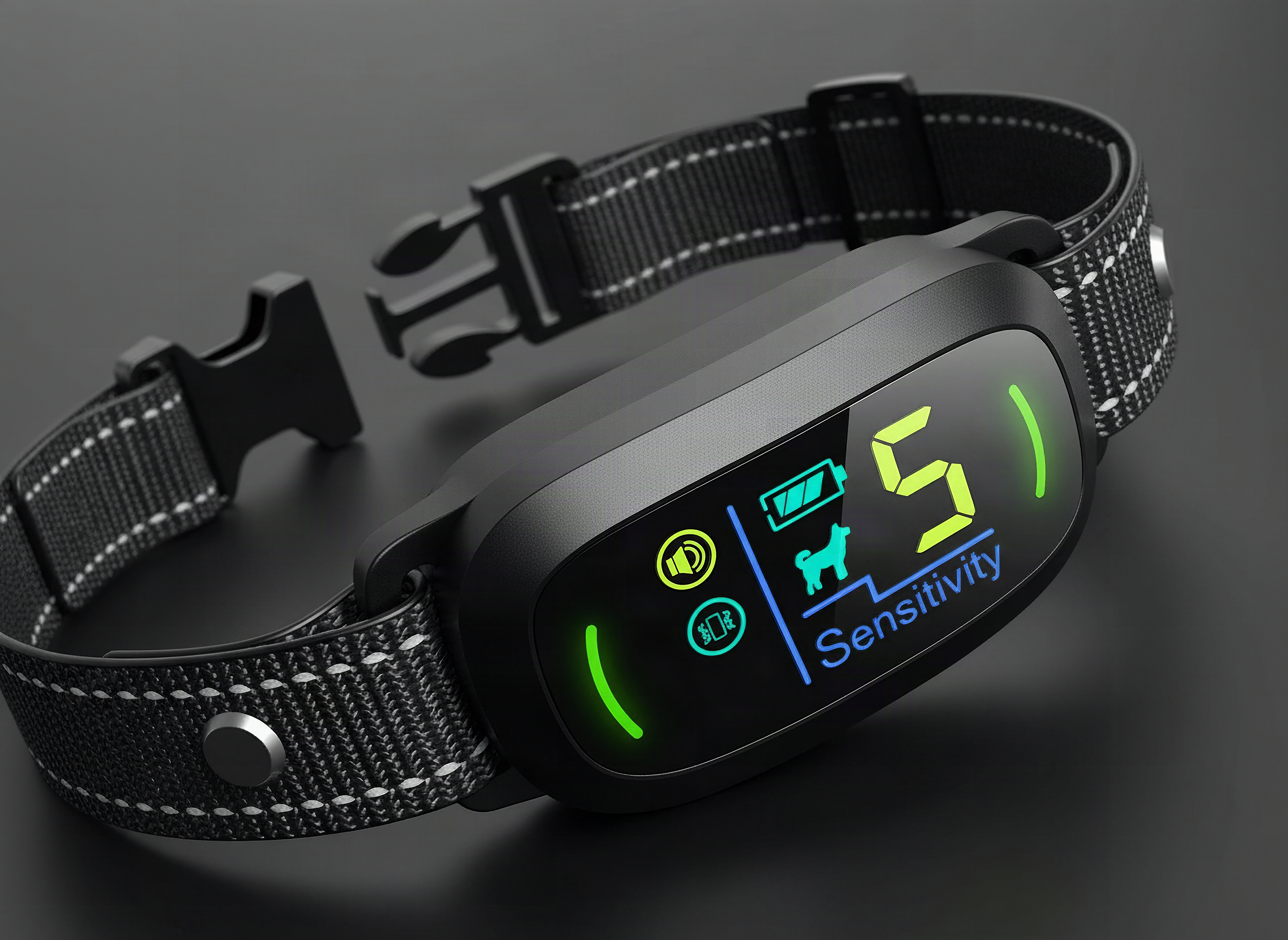 Close-up of black bark collar showing adjustable sensitivity buttons and controls