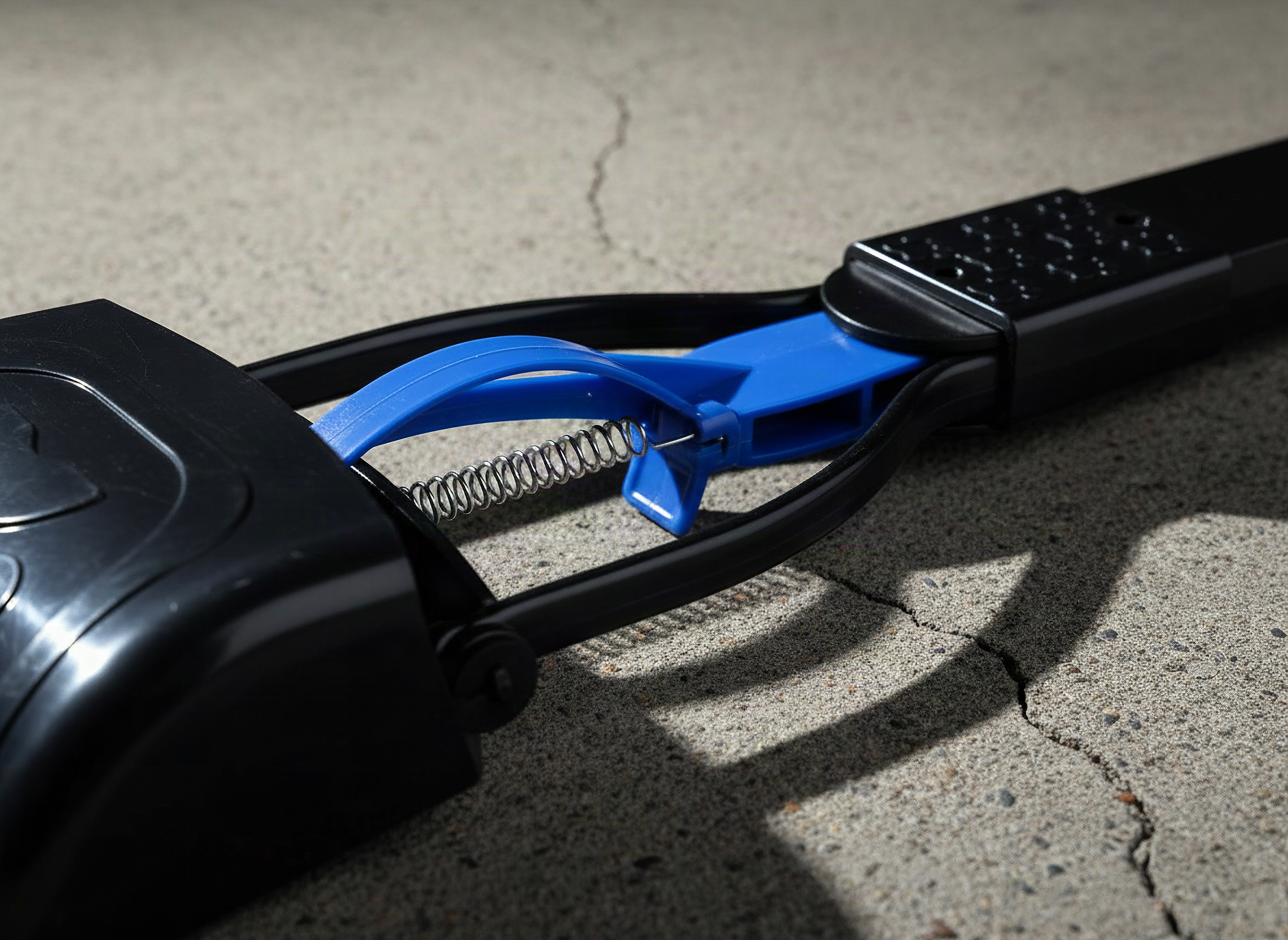 Close-up of pooper scooper trigger mechanism and coiled spring showing durable metal construction