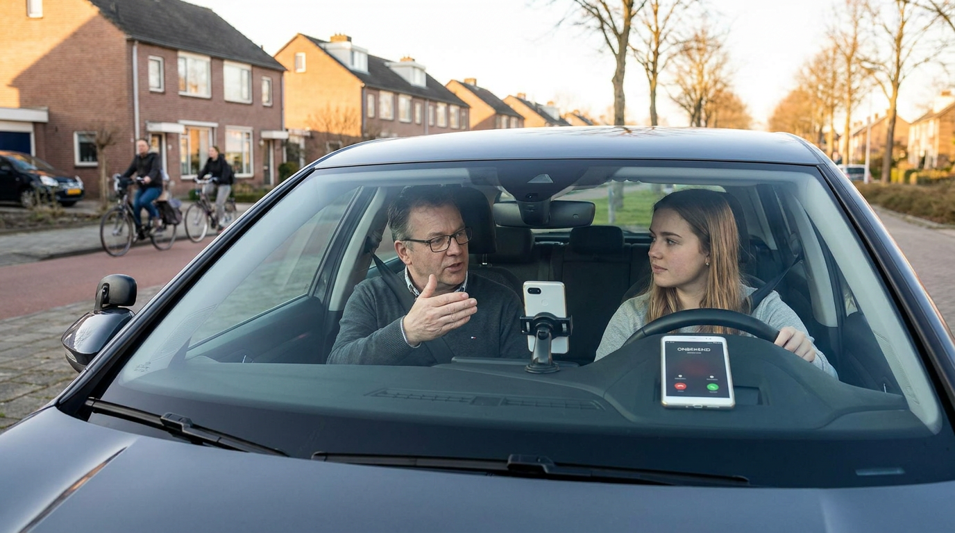 Rij-instructeur geeft les in een lesauto terwijl de telefoon op het dashboard overgaat en niet opgenomen kan worden