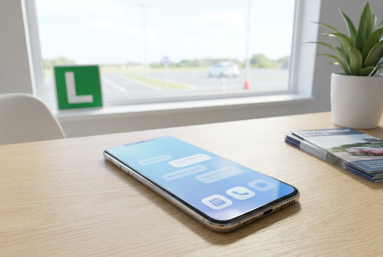 Smartphone op een bureau in een rijschoolkantoor toont een rustige belinterface met agenda-iconen