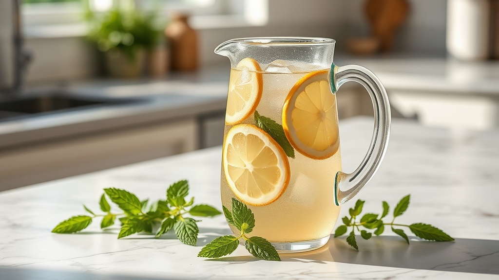 Carafe de thé glacé à la verveine citronnée avec tranches de citron vert et menthe fraîche