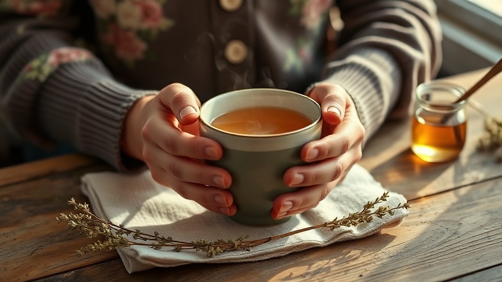 Tasse de tisane de verveine fumante tenue entre deux mains, lumière chaude du soir sur une table en bois